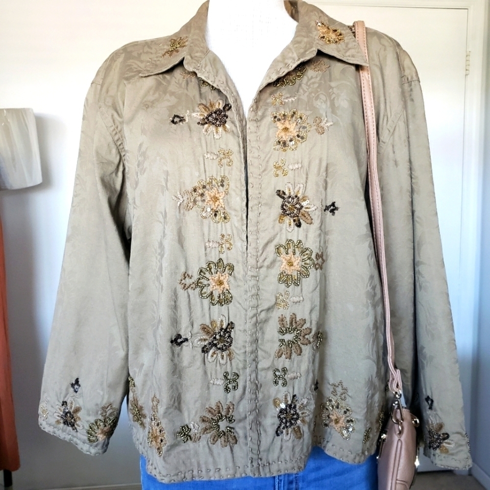 Chico's Vintage Embroidered Beaded Accent Collar Cotton Open Blazer Size 3
